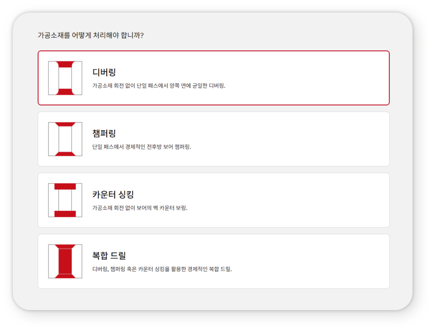 HEULE 공구 가공 공정 선택 화면 - 디버링 및 챔퍼링 옵션