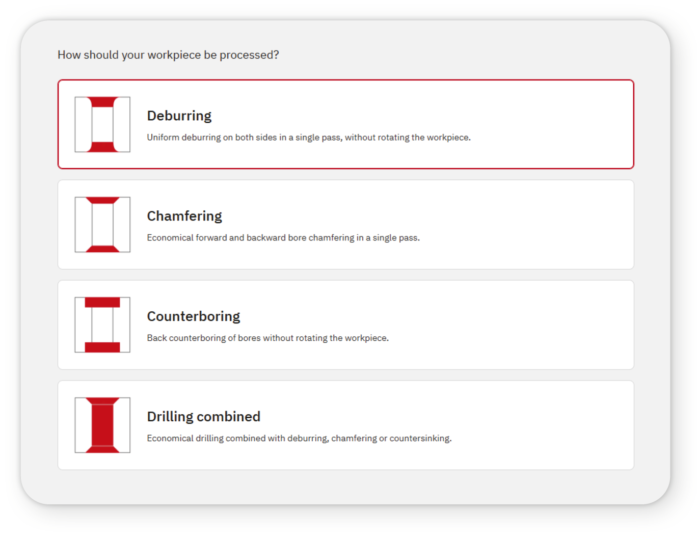 HEULE Tool Finder Process Selection for Deburring, Chamfering, and Counterboring